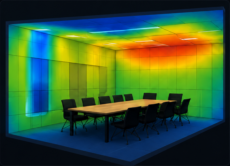 3D-Raumskizze eines Besprechungsraums mit Akustik-Heatmap